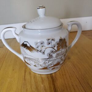 Kutani White & Platinum Hand Painted Sugar Bowl Kutani 1950s China Vintage